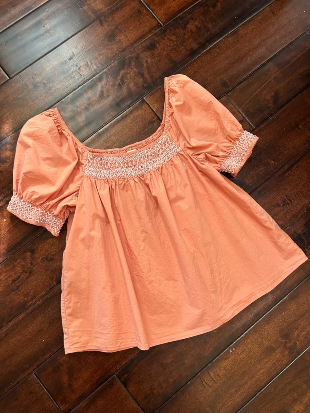 Wonderly - Peach Puff-Sleeve Smocked Neck Blouse